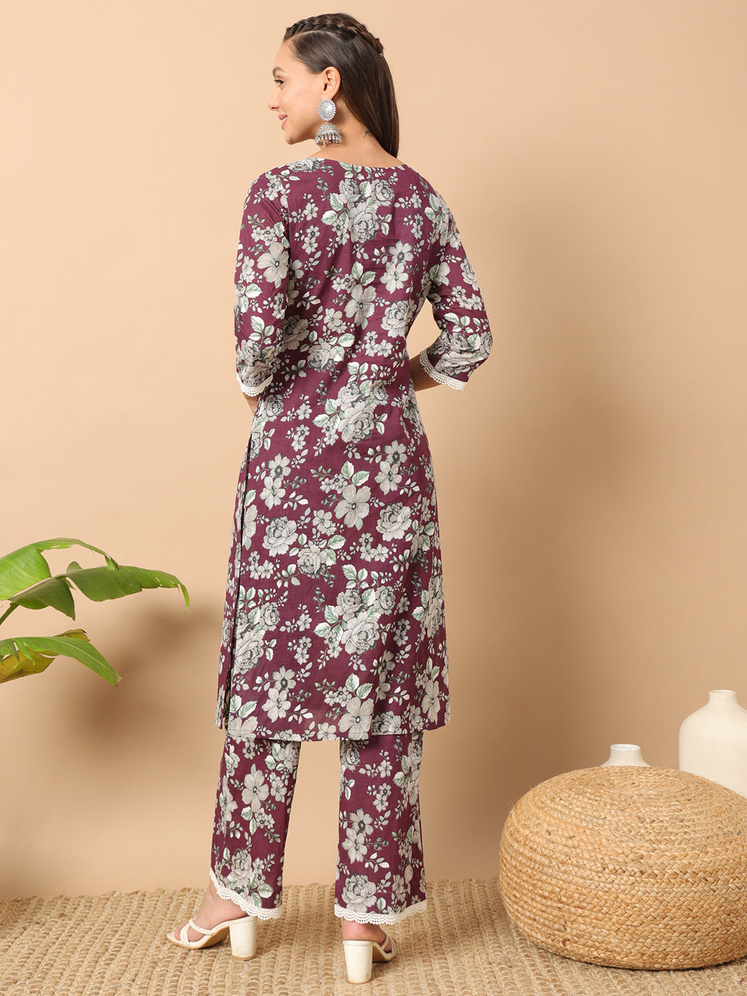 FIORRA Women's Wine Cotton Straight Kurta Set